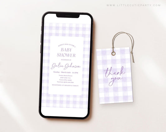Editable Purple Gingham Baby Shower Invite, Purple Baby Shower Evite, Baby Shower Digital Invite for Purple Baby Shower PGHBS001
