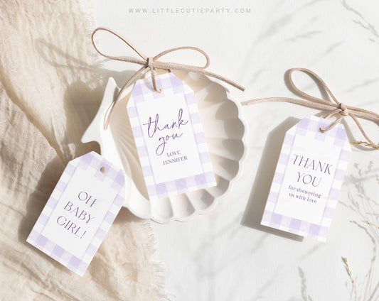 Editable Purple Gingham Favor, Thank You Favor Tag, Thank you Tags, Gift Tag for Purple Baby Shower Decorations PGHBS001