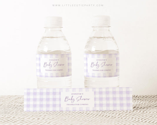 Editable Purple Gingham Water Bottle Labels, Bottle Label for Purple Baby Shower Party Decorations Theme PGHBS001