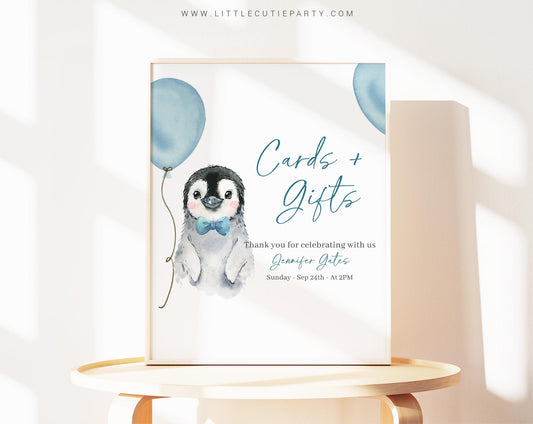Editable Blue Penguin Baby Shower Sign, Custom Sign Template for Baby Shower Party with Penguin Baby Shower Boy Theme PENGBS002