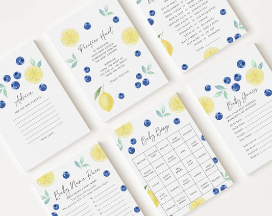 10 Editable Blueberry Lemon Baby Shower Games, Berry Sweet Baby Shower Games, Baby Shower Game Bundle, Blueberry Lemon Theme BLEMBS001