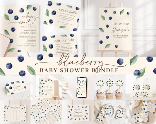 Editable Blueberry Baby Shower Bundle, Blueberry Baby Shower Decorations, with Games Bundle and All Decorations BLUEBS002