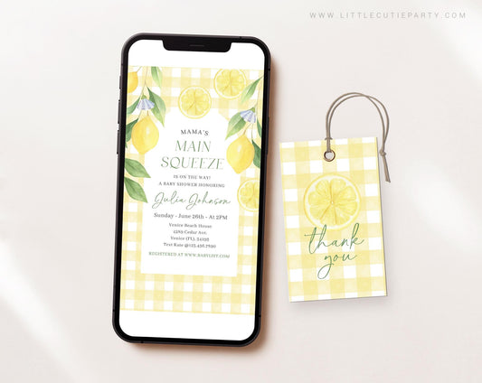 Editable Mama Main Squeeze Invite Set, Lemon Baby Shower Invite Digital, Evite Digital Invitation Set LMNBS003
