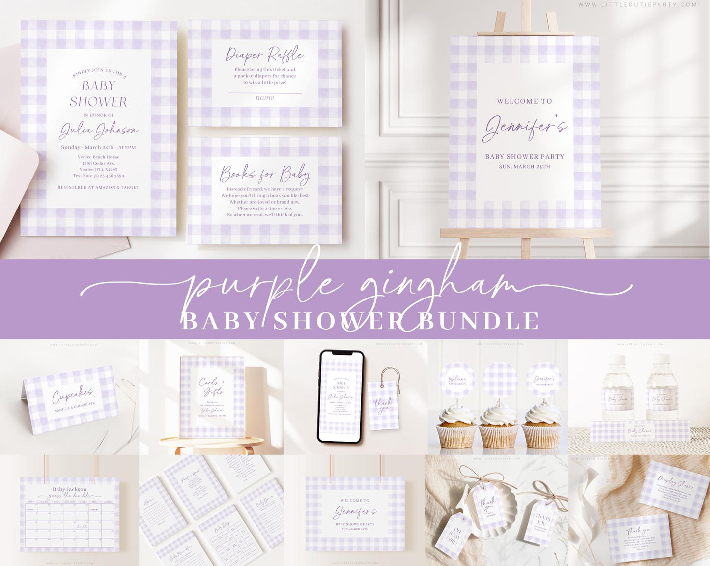 Editable Purple Gingham Baby Shower Invitation Bundle, Purple Baby Shower Invite with Games and Purple Baby Shower Decor PGHBS001
