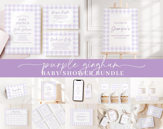Editable Purple Gingham Baby Shower Invitation Bundle, Purple Baby Shower Invite with Games and Purple Baby Shower Decor PGHBS001
