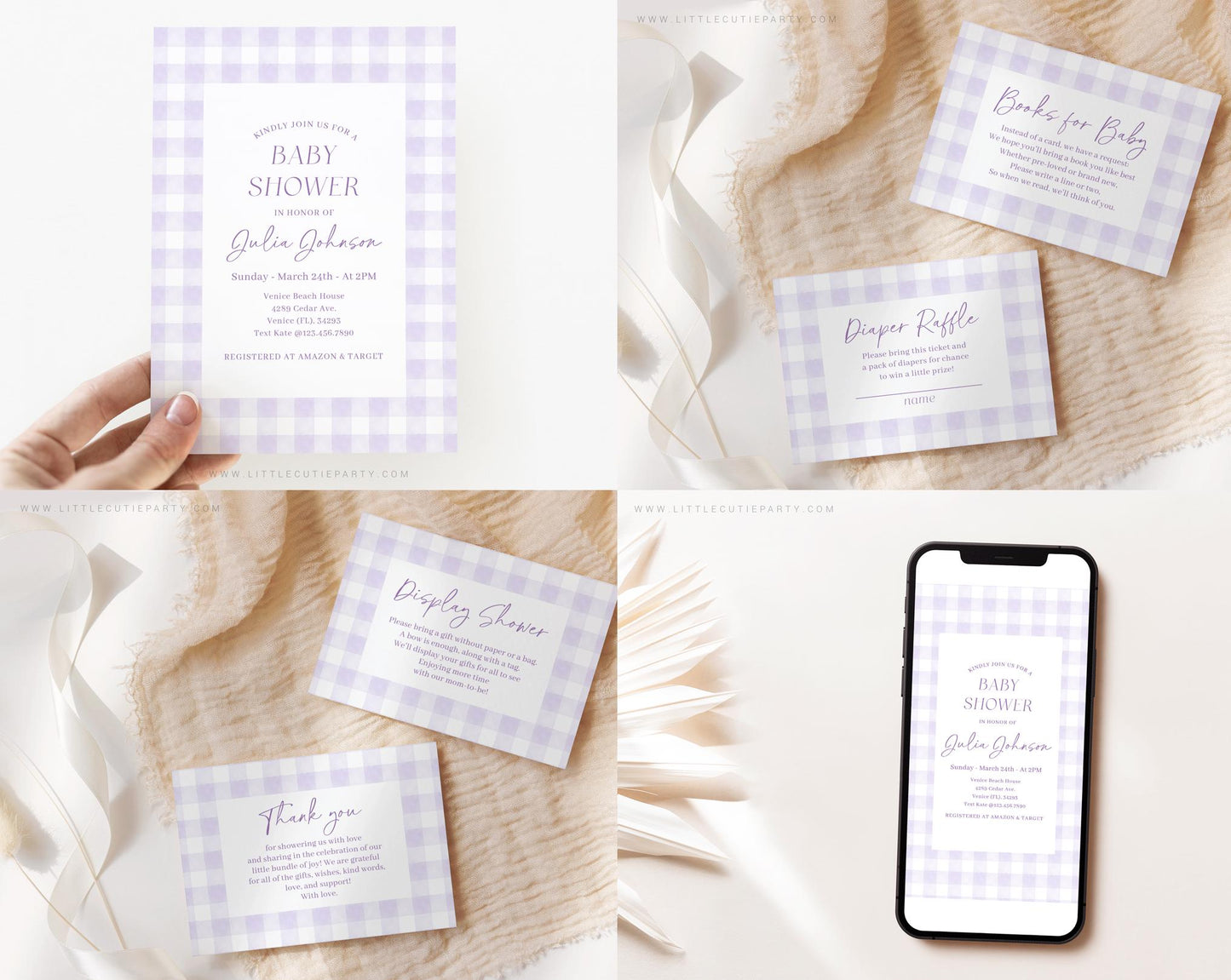 Editable Purple Gingham Baby Shower Invitation Bundle, Purple Baby Shower Invite with Games and Purple Baby Shower Decor PGHBS001