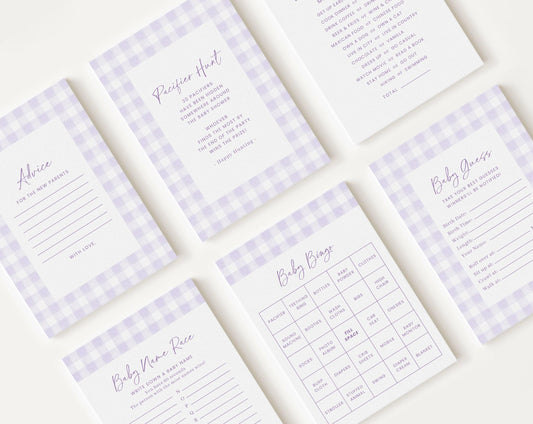 10 Editable Purple Gingham Baby Shower Games, Purple Baby Shower Games Bundle, Purple Gingham Set Lavender Gingham Party Games PGHBS001