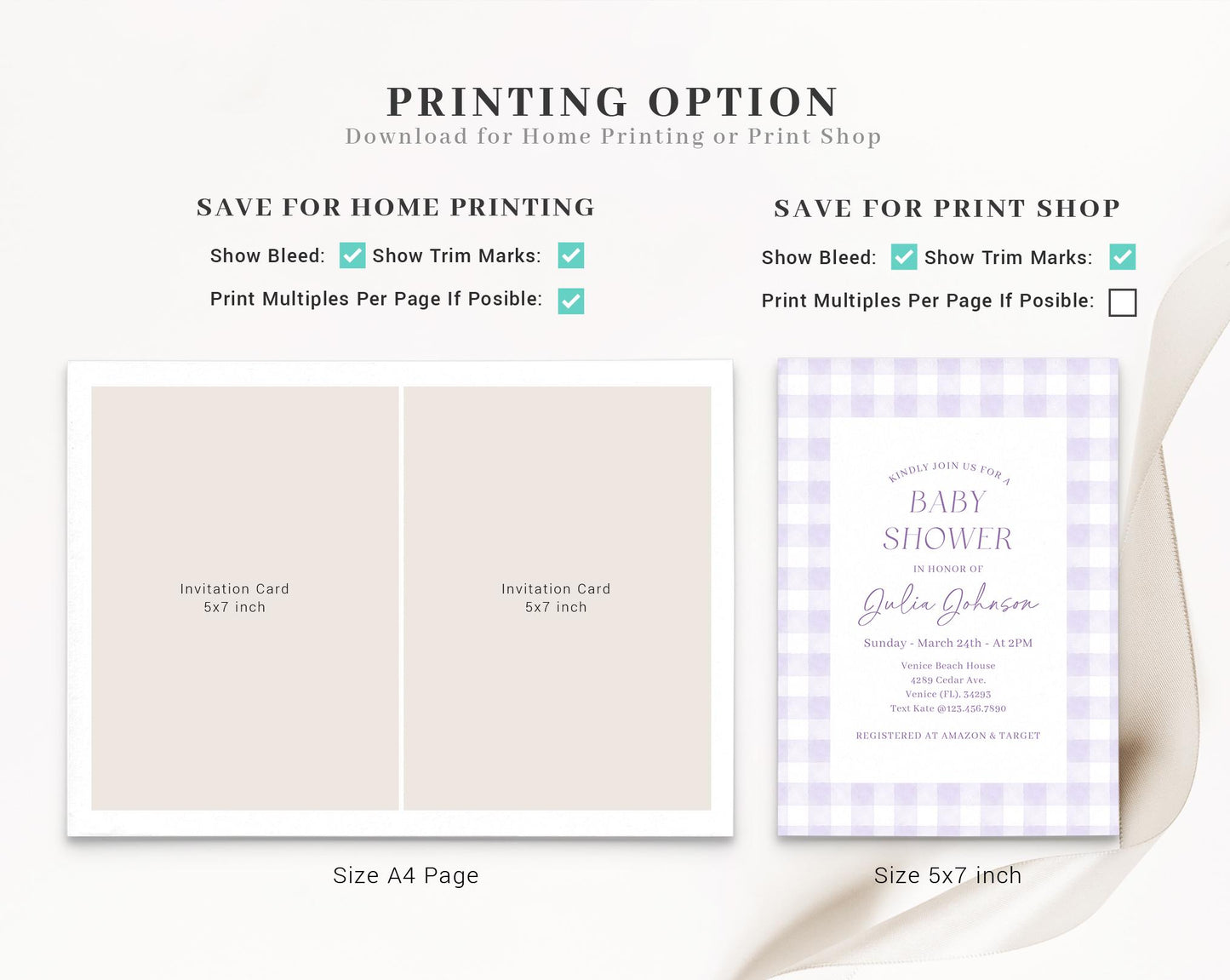 Editable Purple Gingham Baby Shower Invitation, Purple Baby Shower Invite, Purple Shower with Diaper Raffle, Books and Tag PGHBS001