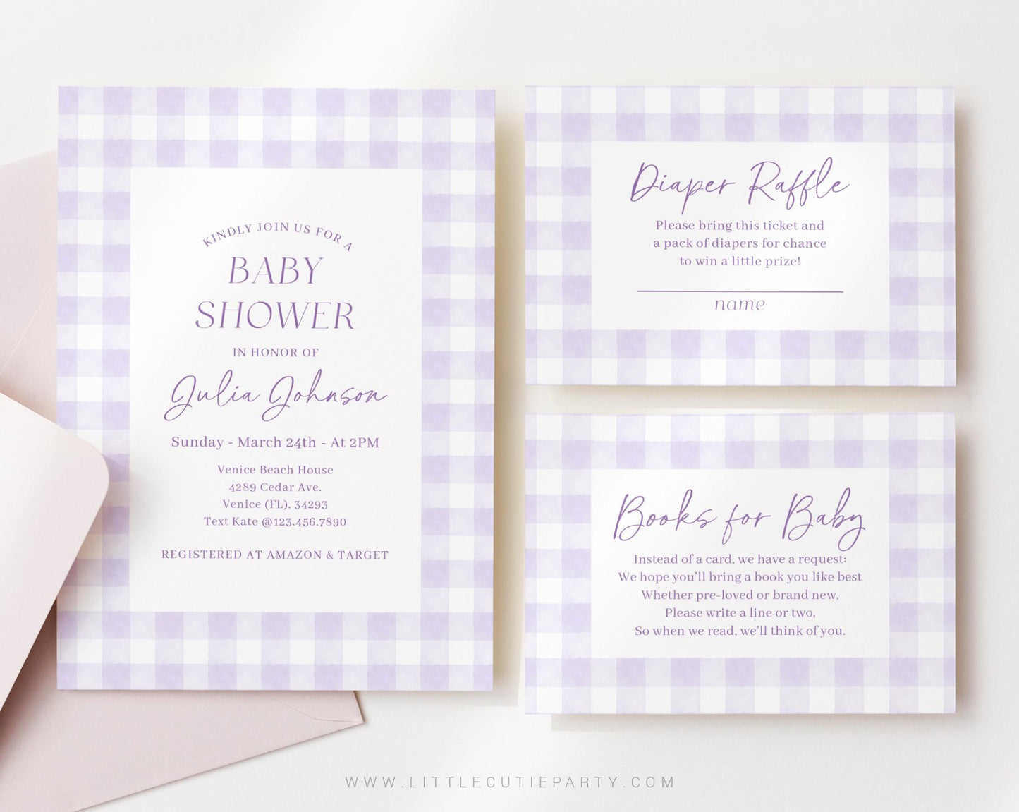 Editable Purple Gingham Baby Shower Invitation, Purple Baby Shower Invite, Purple Shower with Diaper Raffle, Books and Tag PGHBS001