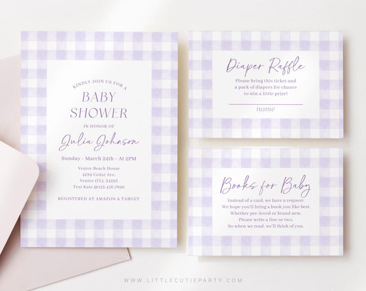 Editable Purple Gingham Baby Shower Invitation, Purple Baby Shower Invite, Purple Shower with Diaper Raffle, Books and Tag PGHBS001