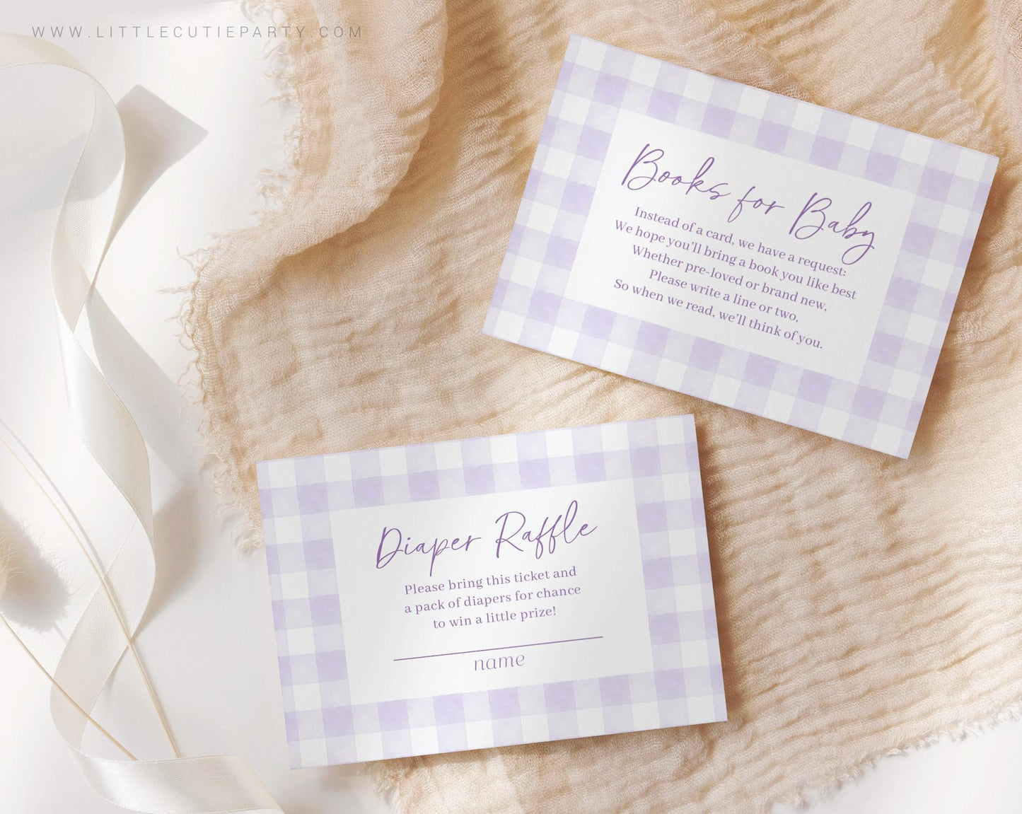 Editable Purple Gingham Baby Shower Invitation, Purple Baby Shower Invite, Purple Shower with Diaper Raffle, Books and Tag PGHBS001
