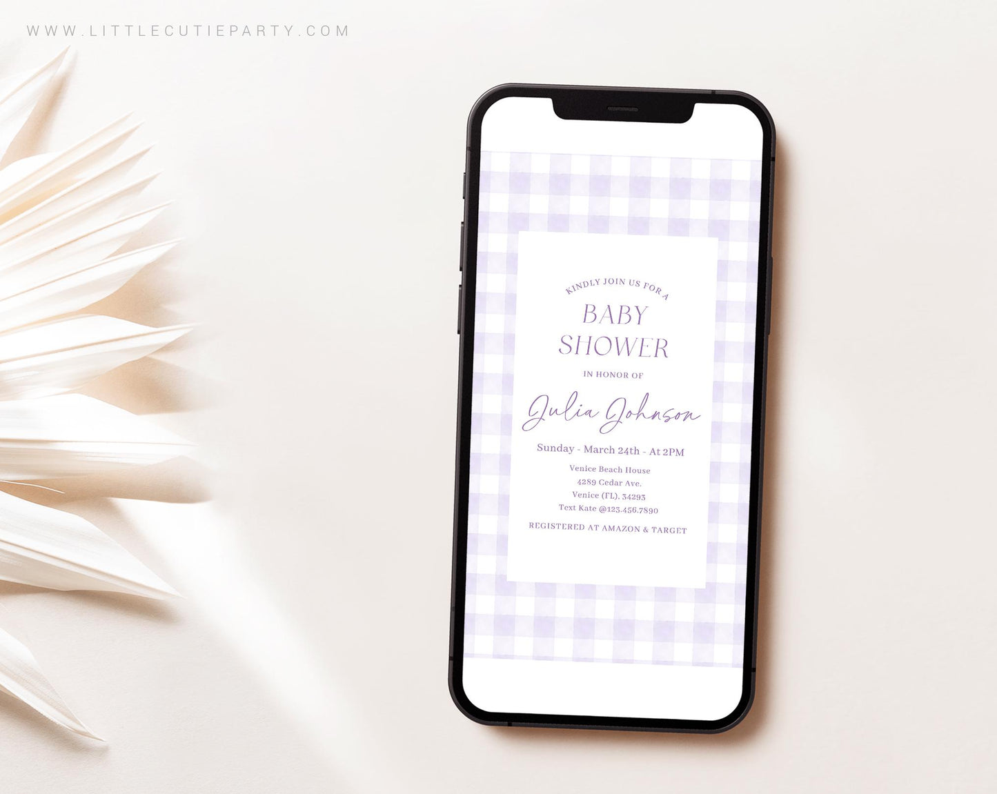 Editable Purple Gingham Baby Shower Invite, Purple Baby Shower Evite, Baby Shower Digital Invite for Purple Baby Shower PGHBS001