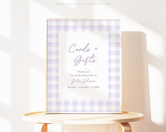 Editable Purple Gingham Sign, Custom Sign Template for Baby Shower Party with Purple Baby Shower Theme PGHBS001
