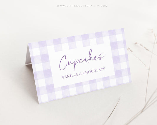 Editable Purple Gingham Food Labels, Food Tent cards, Folded Food Cards for Purple Baby Shower Party Decorations Theme PGHBS001
