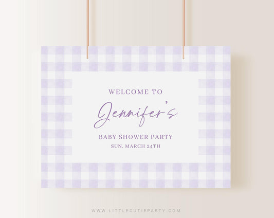 Editable Purple Gingham Baby Shower Backdrop, Purple Baby Shower Banner, Shower Sign for Purple Gingham Banner Welcome Sign PGHBS001