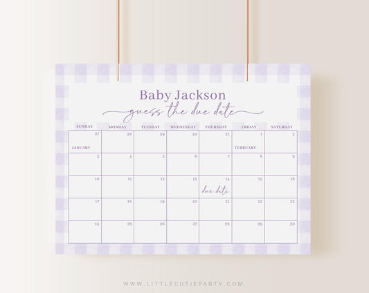 Editable Purple Gingham Baby Shower Calendar, Purple Due Date Calendar, Baby Shower Due Date Calendar Game for Purple Shower PGHBS001
