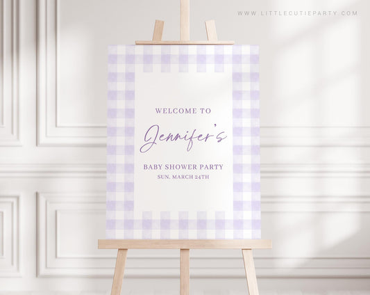 Editable Purple Gingham Baby Shower Welcome Sign, Purple Baby Shower Sign, Welcome Board, Welcome Template Shower Decoration PGHBS001