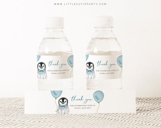 Editable Blue Penguin Baby Shower Water Bottle Labels, Bottle Label for Penguin Baby Shower Theme Decorations PENGBS002