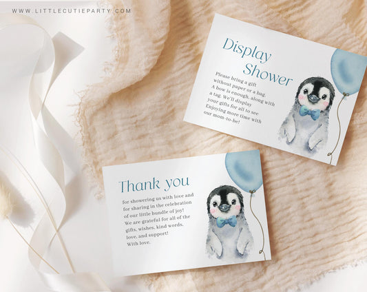 Editable Blue Penguin Baby Shower Thank you Card, Baby Shower Display Card for Penguin Baby Shower Decor PENGBS002