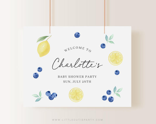 Editable Blueberry Lemon Baby Shower Backdrop, Berry Sweet Baby Shower Banner for Decoration BLEMBS001