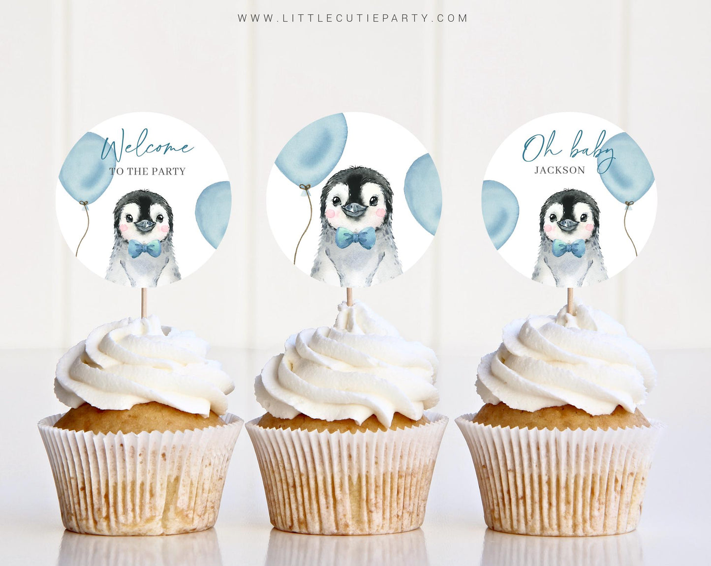 Editable Bue Penguin Cake Toppers, Penguin Baby Shower Cupcake Toppers, Baby Shower Cake Topper, Cake Topper Decorations PENGBS002