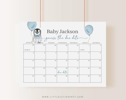 Editable Blue Penguin Baby Shower Calendar, Penguin Due Date Calendar, Baby Shower Due Date Calendar Games for Baby Shower PENGBS002