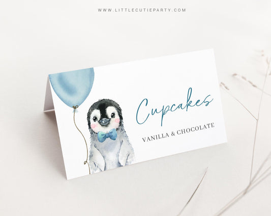 Editable Blue Penguin Baby Shower Food Labels, Food Tent cards, Folded Food Cards for Penguin Baby Shower Decorations Theme PENGBS002