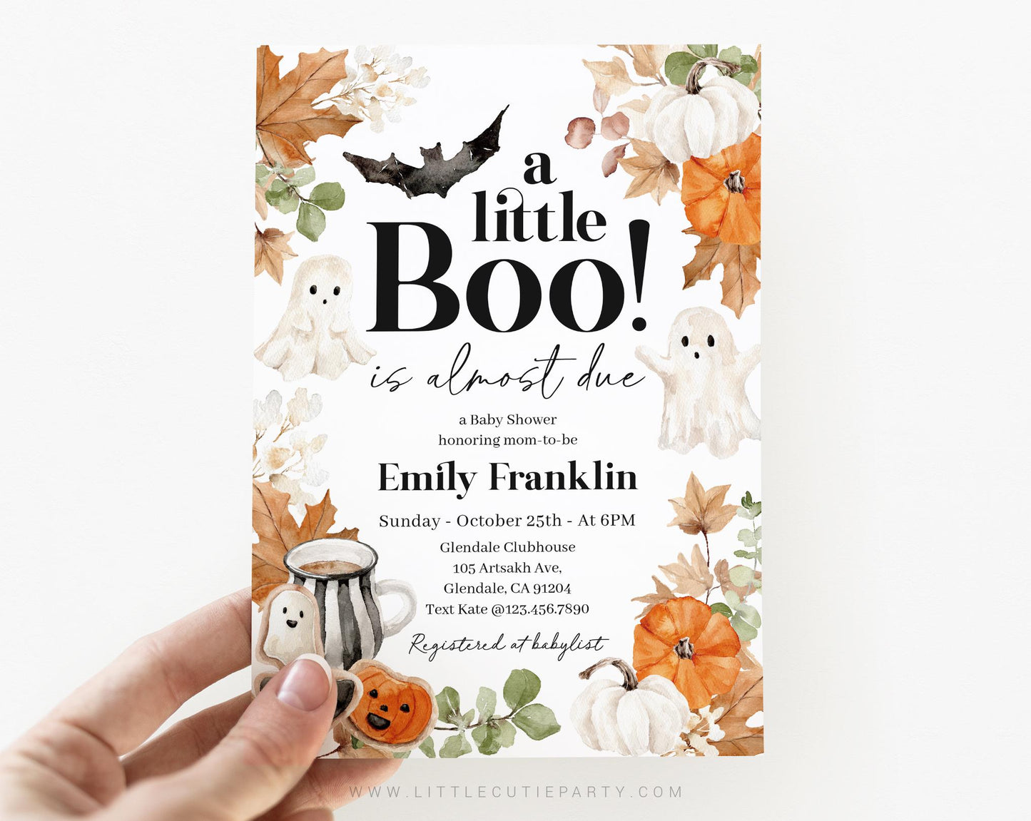 Editable Little Boo is Almost Due Baby Shower Invitation, Halloween Baby Shower Invite with Diaper Raffle, Books for Baby and Tag HAWBS004