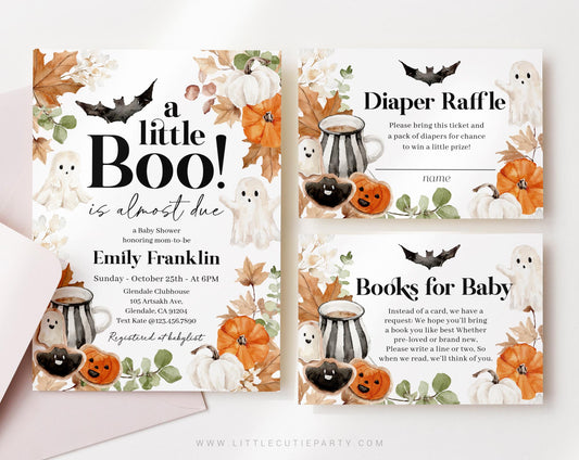 Editable Little Boo is Almost Due Baby Shower Invitation, Halloween Baby Shower Invite with Diaper Raffle, Books for Baby and Tag HAWBS004