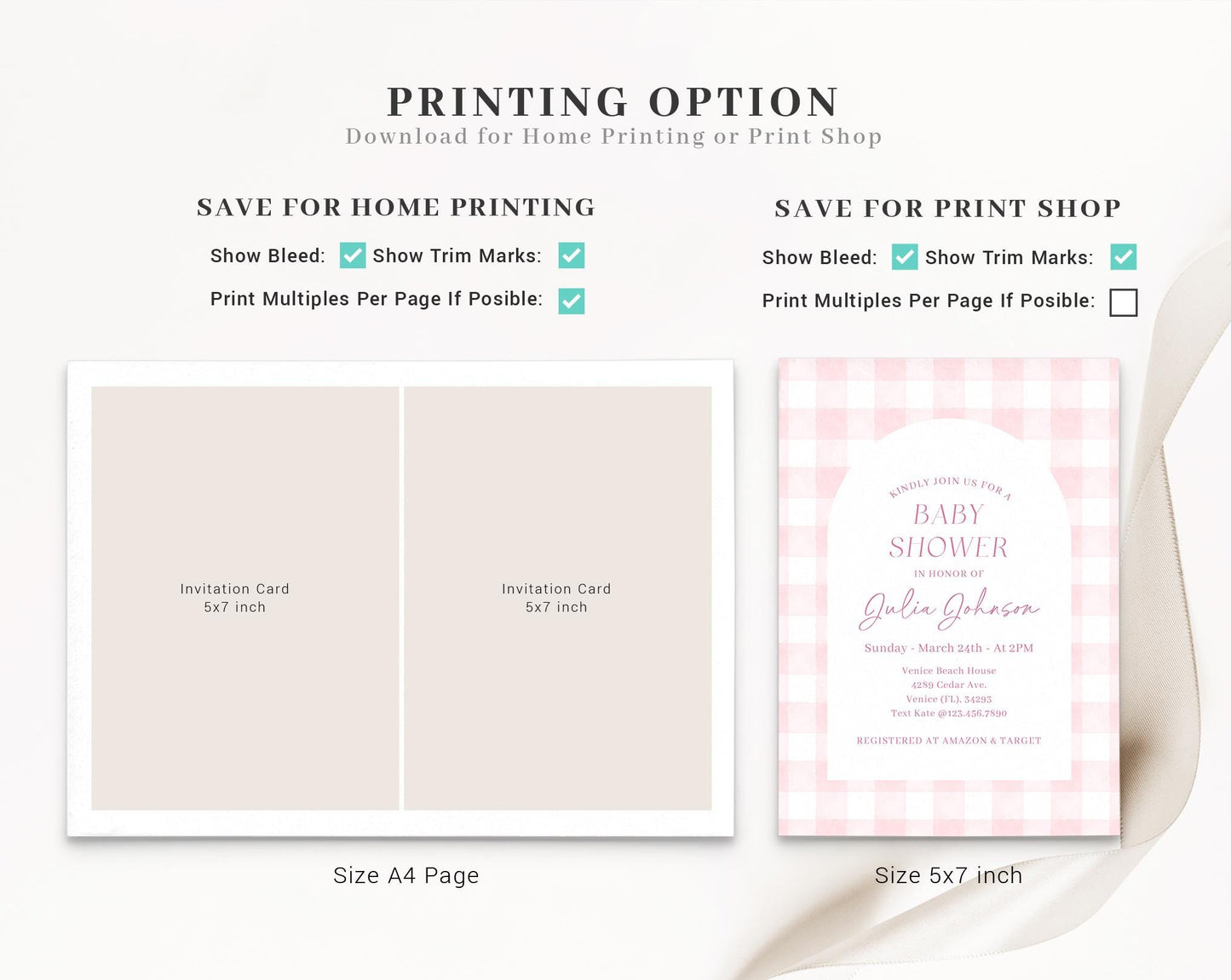 Editable Pink Gingham Baby Shower Invitation, Pink Bow Shower Invite, Its a Girl Shower with Diaper Raffle, Books for Baby and Tag PGHBS002
