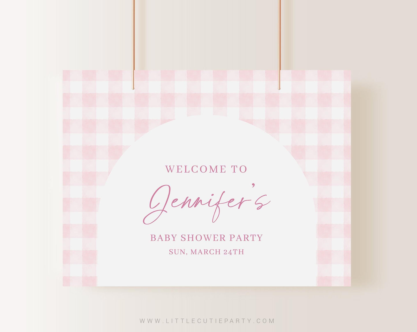 Editable Pink Gingham Baby Shower Backdrop, Pink Bow Baby Shower Vinyl Banner, Shower Sign for Pink Gingham Banner Welcome Sign PGHBS002