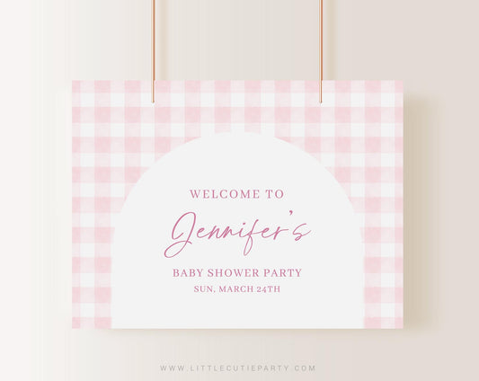 Editable Pink Gingham Baby Shower Backdrop, Pink Bow Baby Shower Vinyl Banner, Shower Sign for Pink Gingham Banner Welcome Sign PGHBS002
