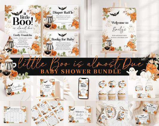Editable Little Boo is almost due Invitation Bundle, Little Boo Baby Shower Bundle, Halloween Baby Shower with Games and All Decor HAWBS004