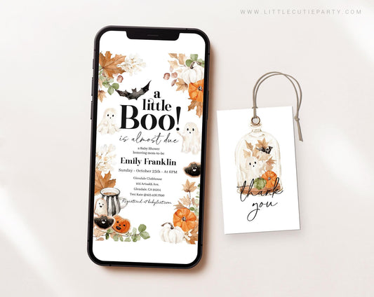 Editable Halloween Invite Set, Little Boo Baby Shower Invite Digital, Evite Digital Invitation Set HAWBS004