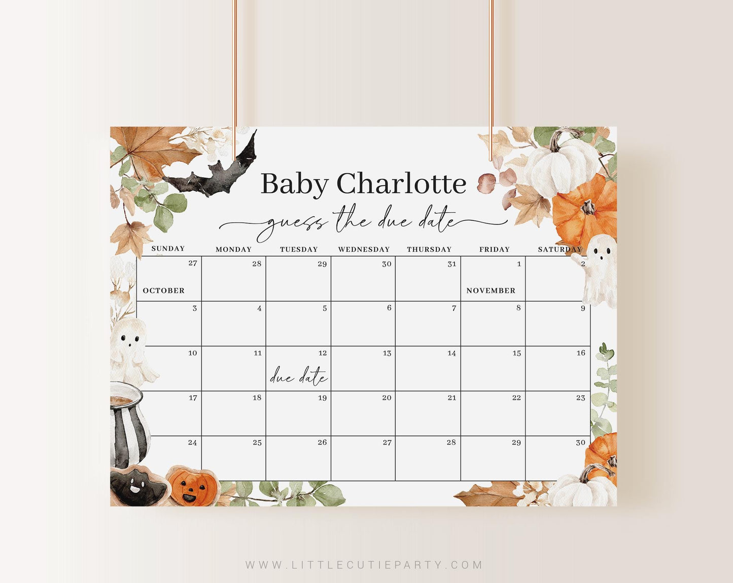 Editable Little Boo is Almost Due Baby Shower Calendar Prediction, Halloween Due Date Calendar, for Little Boo Baby Shower Theme HAWBS004