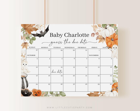 Editable Little Boo is Almost Due Baby Shower Calendar Prediction, Halloween Due Date Calendar, for Little Boo Baby Shower Theme HAWBS004
