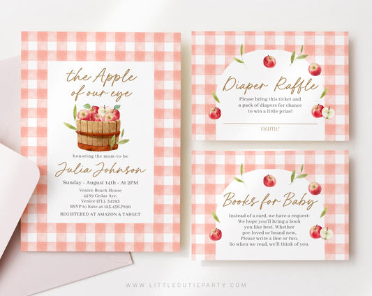 Editable Apple of Our Eye Baby Shower Invitation, Fall Baby Shower Invite with Diaper Raffle, Books for Baby and Tag APPBS001