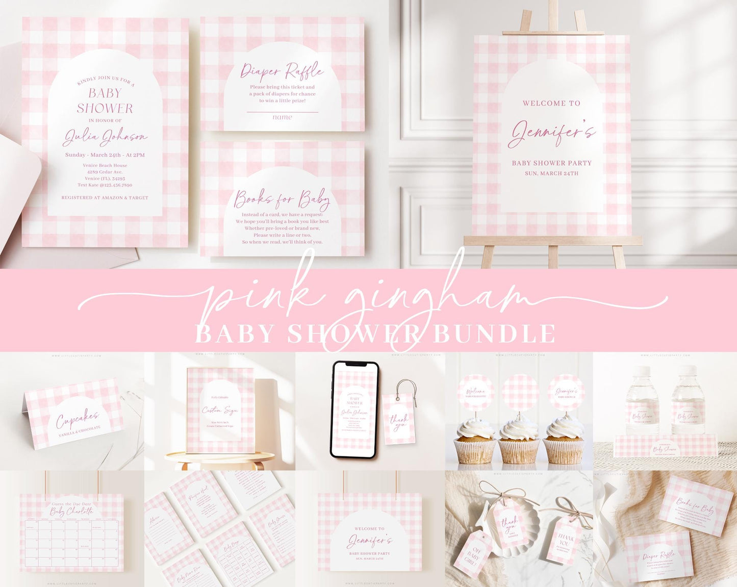 Editable Pink Bow Baby Shower Invitation Bundle, Pink Gingham Baby Shower Bundle Set with Baby Game Bundle and Shower Decorations PGHBS002