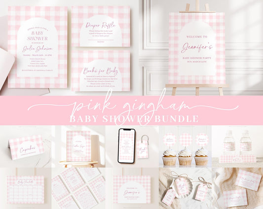 Editable Pink Bow Baby Shower Invitation Bundle, Pink Gingham Baby Shower Bundle Set with Baby Game Bundle and Shower Decorations PGHBS002