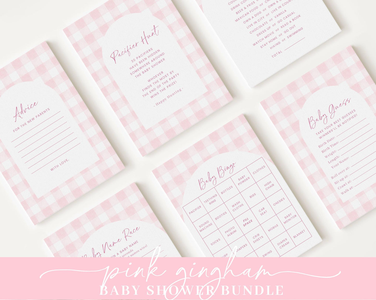 Editable Pink Bow Baby Shower Invitation Bundle, Pink Gingham Baby Shower Bundle Set with Baby Game Bundle and Shower Decorations PGHBS002
