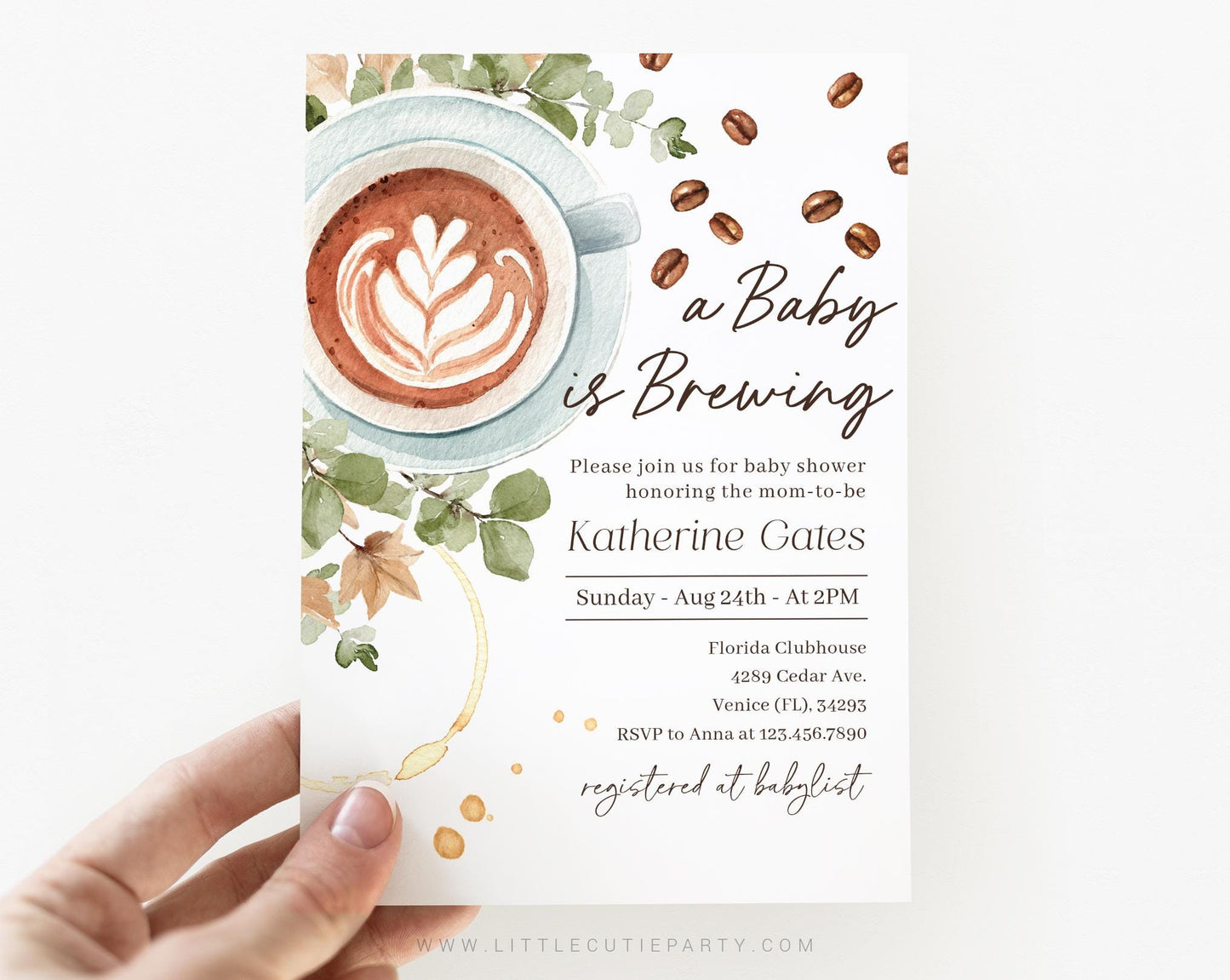 Editable A Baby is Brewing Invitation Baby Shower, Coffee Baby Shower Invite with Diaper Raffle, Books for Baby and Tag BRGBS001