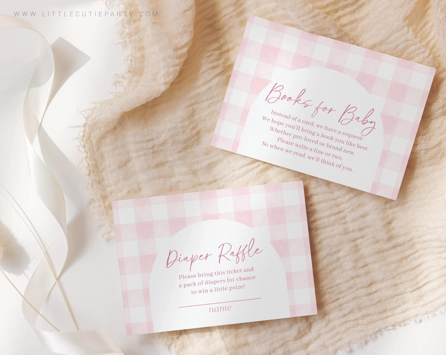 Editable Pink Gingham Baby Shower Invitation, Pink Bow Shower Invite, Its a Girl Shower with Diaper Raffle, Books for Baby and Tag PGHBS002