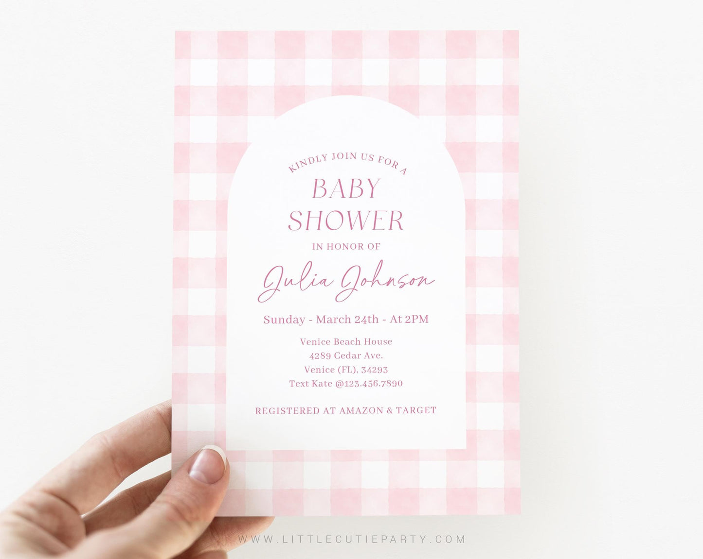 Editable Pink Gingham Baby Shower Invitation, Pink Bow Shower Invite, Its a Girl Shower with Diaper Raffle, Books for Baby and Tag PGHBS002