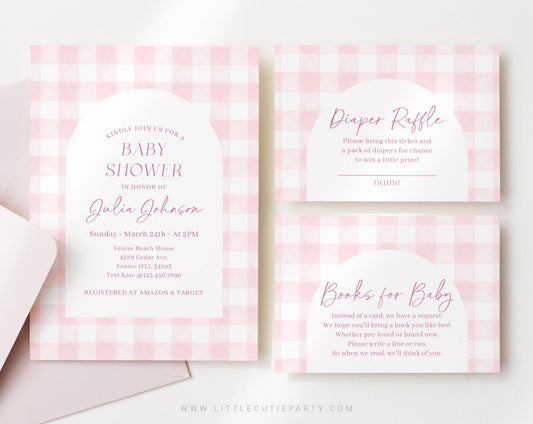 Editable Pink Gingham Baby Shower Invitation, Pink Bow Shower Invite, Its a Girl Shower with Diaper Raffle, Books for Baby and Tag PGHBS002