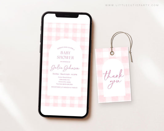 Editable Pink Gingham Baby Shower Invite, Pink Bow Baby Shower Invitations, Baby Shower Digital Invitation Evite for Baby Girls PGHBS002