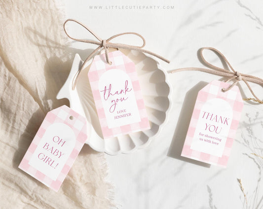 Editable Pink Gingham Baby Shower Favor, Thank You Favor Tag, Thank you Tags, Gift Tag for Pink Bow Baby Shower Decorations PGHBS002