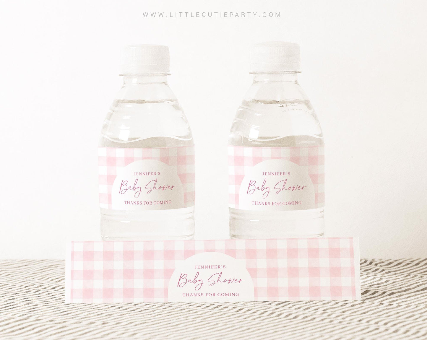 Editable Pink Gingham Baby Shower Water Bottle Labels, Bottle Label for Pink Bow Baby Shower Theme Decorations PGHBS002