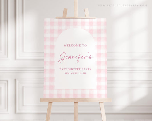 Editable Pink Gingham Baby Shower Welcome Sign, Pink Bow Baby Shower Sign, Welcome Board, Welcome Template Shower Decoration PGHBS002
