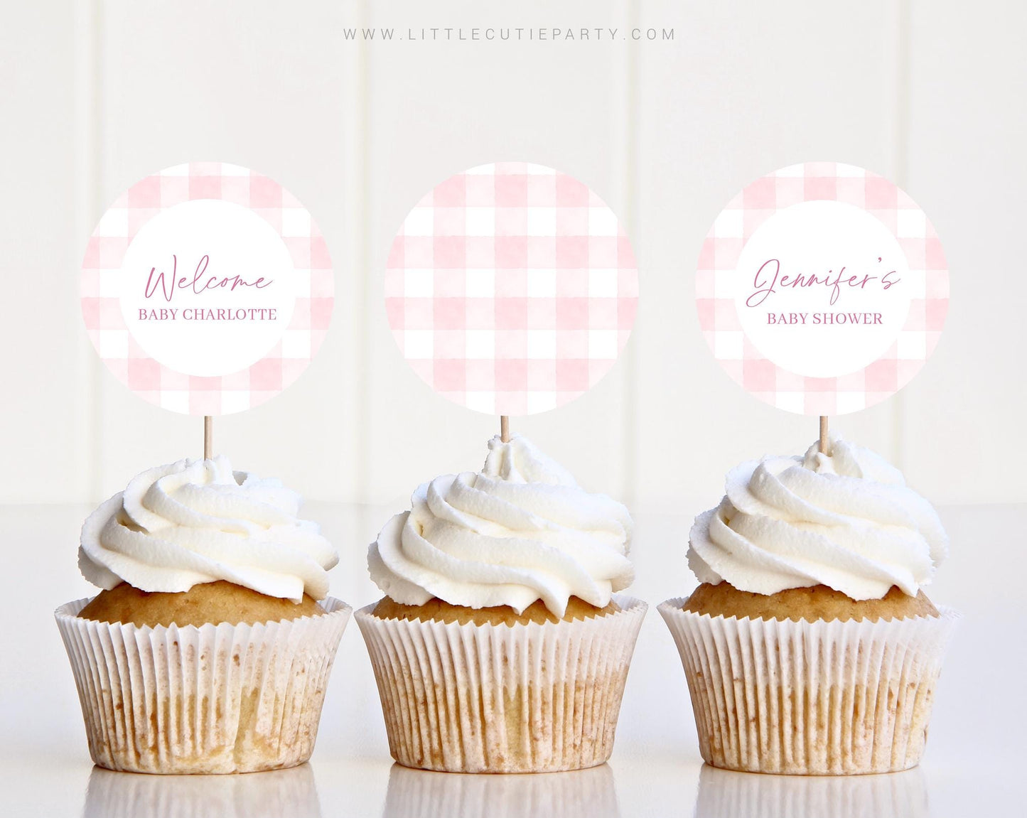 Editable Pink Gingham Cake Toppers, Pink Bow Baby Shower Cupcake Toppers, Baby Shower Cake Topper, Cake Topper Decorations PGHBS002