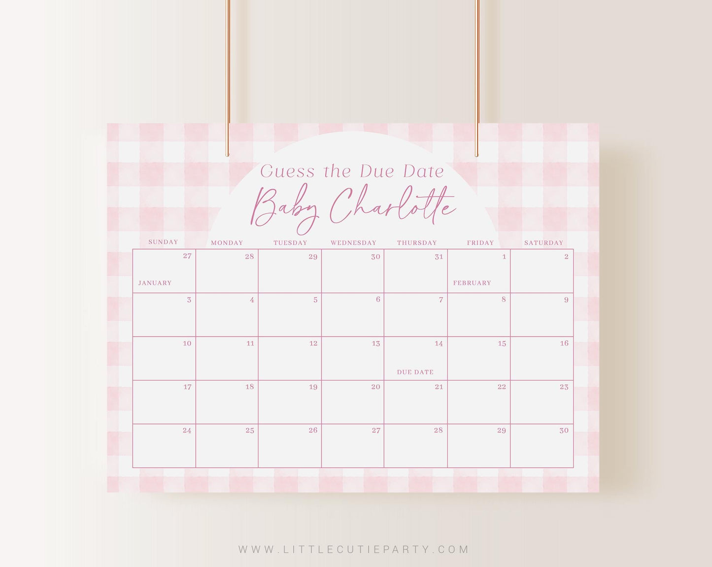 Editable Pink Gingham Baby Shower Calendar, Pink Bow Due Date Calendar, Baby Shower Due Date Calendar Games for Gingham Baby Shower PGHBS002